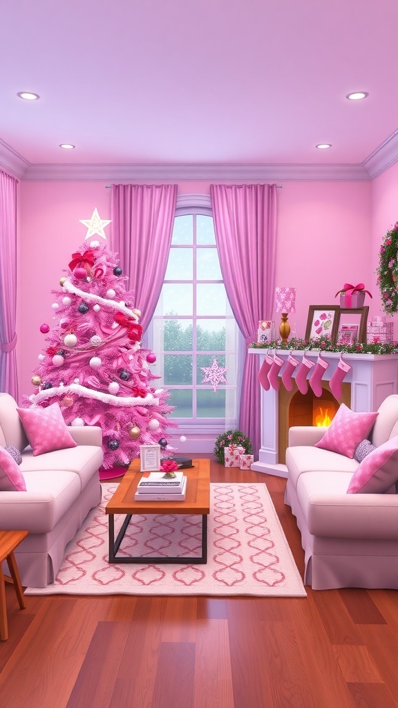 Sims 4 living room with pink Christmas tree and festive decorations.
